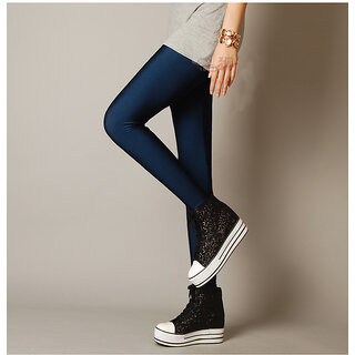                       Neon Shine Leggings Sexy Skin Fit Slacks in Navy Blue Fancy Footless Tights Fits Gurlz Shinny Legging                                              