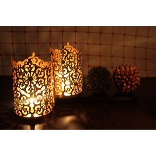 Hosley Set of 2 Gold Metal Sleeve - With Free 6 Unscented Tealights