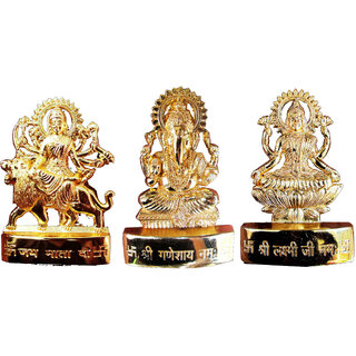                      Gold Plated Ganesh Laxmi Durga Idol - 5 Inches                                              