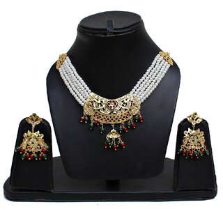 Lucky Jewellery Designer Navratan Magenta Green Gold Plated Necklace Set For Women