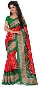 Meia Red & Green Bhagalpuri Silk Block Print Saree With Blouse