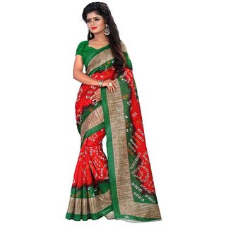 Meia Red & Green Bhagalpuri Silk Block Print Saree With Blouse