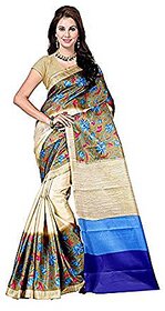 Meia Gold & Blue Bhagalpuri Silk Block Print Saree With Blouse