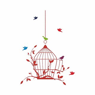 Wall Dreams Colourful Love Birds  Red Cage Leaf Vines(70cmX25cm)