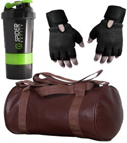 CP Bigbasket Combo Set Leather Soft Gym Bag (Brown), Cyclone Shaker, Netted Gym  Fitness Gloves (Black)