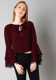 Raabta Fashion Maroon Bell Sleeve Top with Pom Pom