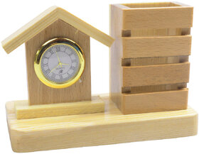 Pen Holder Stand Cum Clock In Wooden Finishing Table Desk Clock 335
