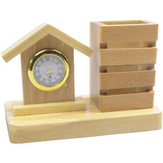 Pen Holder Stand Cum Clock In Wooden Finishing Table Desk Clock 335