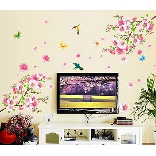                       Jaamso Royals 'Large Elegant Flower Wall Stickers Graceful Peach Blossom birds  ' Wall Sticker (PVC Vinyl, 90 cm X 60 cm, Decorative Stickers)                                              
