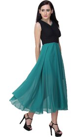 Raabta Fashion Green V Neck Long Flared Dress