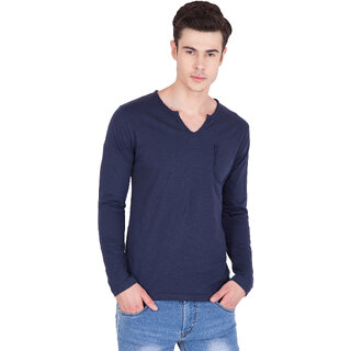                       PAUSE Navy Solid Cotton Round Neck Slim Fit Full Sleeve Men's T-Shirt                                              
