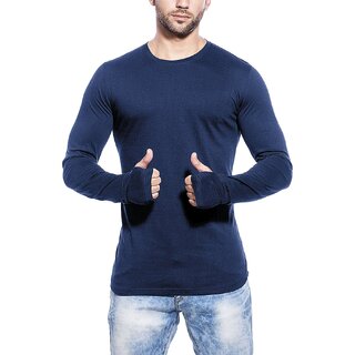                       PAUSE Blue Solid Cotton Round Neck Slim Fit Long Sleeve Men's T-Shirt                                              