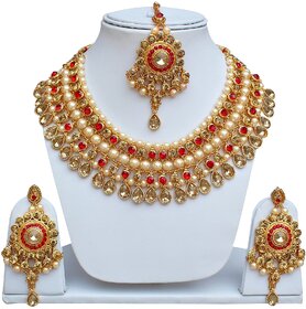 Lucky Jewellery Designer Red Color Gold Plated Pearl And Stone Necklace Set For Girls & Women