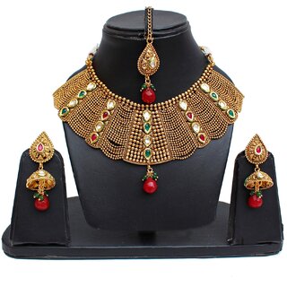                       Lucky Jewellery Designer Maroon Green Color Gold Plated Copper Necklace Set For Girls & Women                                              