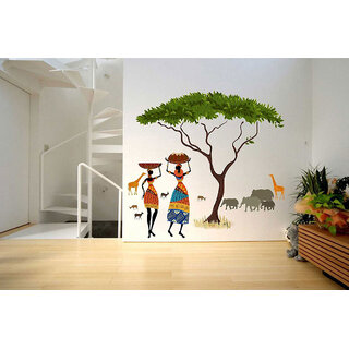 Walltola PVC Vinyl Wall Stickers Artistic Tribal Ladies with Animals Nature (90 x 100 Cms, Multicolor)