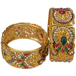                       JSD Gold Plated Green Stone Bangles Set Size_Adjustable, Qty: 1 Pair, Color: Gold, JSD Brand Assured you for 100% Qualitative Products. Care Instructions: Store in air tight pouches, Keep away from deodorants and perfumes.                                              