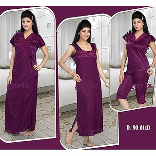                       Hot Sleep Wear 4pcTop Capri Nighty  Robe Set Womens Fun 611D Wine Bedroom Set                                              