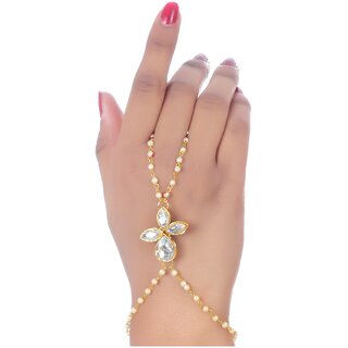 Lucky Jewellery Elegant White Color Gold Plated Finger Ring Bracelet Hand Harness Hathphool For Girls  Women