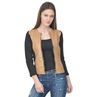                       Raabta Beige Faux Leather Jacket with Rib                                              