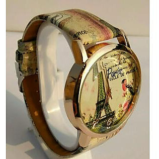                       Women Wrist Watch (Paris Eiffel Tower Print Golden Round Dial) by InstaDeal                                              