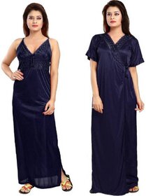 Diljeet Pack Of 2 Women Blue Satin Plain Nighty with Robe