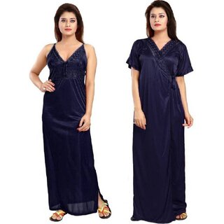 Diljeet Pack Of 2 Women Blue Satin Plain Nighty with Robe