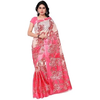 SVB Sarees Pink Printed Taffeta Paper Silk Saree Without Blouse