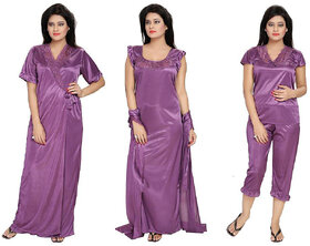 Diljeet Women's Satin Nighty-4Pc set-Nighty/Robe/Top/Capri(Purple)