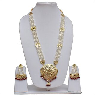                       Lucky Jewellery Designer Magenta Color Gold Plated Pearl Layered Guluband Necklace With Earring For Girls & Women                                              