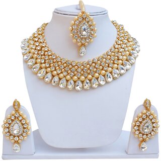 Lucky Jewellery Designer Golden White Color Pearl Stone Necklace Set For Girls  Women