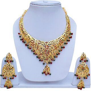                       Lucky Jewellery Designer Magenta Green Color Gold Plated Navratan Necklace Set For Girls & Women                                              