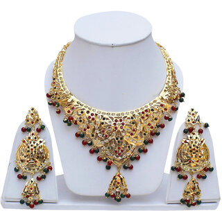 Lucky Jewellery Designer Magenta Green Color Gold Plated Navratan Necklace Set For Girls & Women