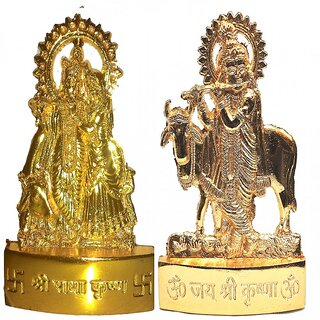                       Gold Plated Radha Krishna with Cow Krishna Idols - 2.9 Inches                                              