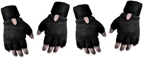 (Pack of 2 Set) Genuine Leather Netted Gym  Fitness Gloves with Wrist Support Black