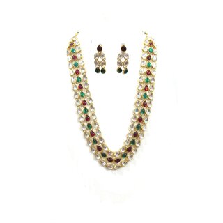                       3 Line Maroon Green Kundan necklace set                                              