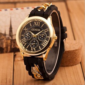 Geneva Golden HRV Case Black Dial Snake Chained Silicone Strap Analog Watch