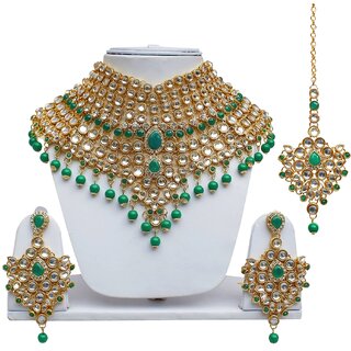 Lucky Jewellery Bridal Green Color Kundan Stone Gold Plating Necklace Set For Girls & Women