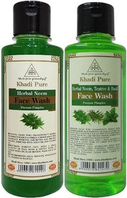 Khadi Pure Neem and Neem, Teatree  Basil Face Wash Combo (420ml) Pack 2