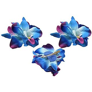 Homeoculture Bright Blue With Pink Orchid Flower Hair Clips Pack Of 2 Pieces