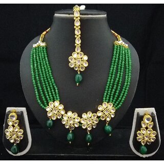 Charming Jewelry Emerald Green Kundan Pearl Necklace Earrings tikka Set