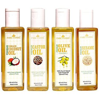 Park Daniel Premium Virgin Coconut oil Olive Oil and Sesame oil and Castor oil Combo of 4 bottles of 100 ml(400ml)
