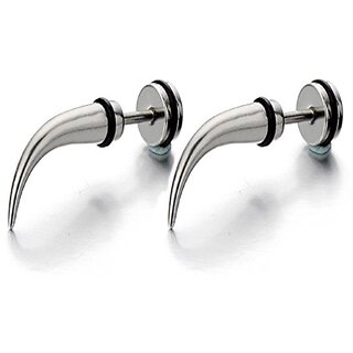 Men's Silver Horn Claw Stud Earrings Cheater Fake Ear Plugs Gauges Illusion Tunnel, 2pcs