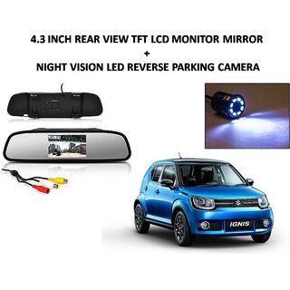 Combo of 4.3 Inch Rear View TFT LCD Monitor Mirror and Night Vision LED Reverse Parking Camera For Maruti Suzuki Ignis
