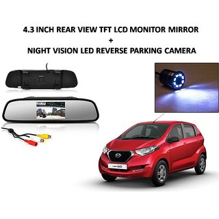 Combo of 4.3 Inch Rear View TFT LCD Monitor Mirror and Night Vision LED Reverse Parking Camera For Datsun Redi Go