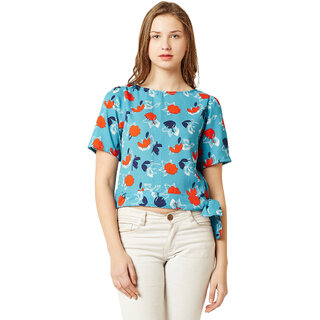                      Women's Multicolored Floral Round Neck Gathered Short Sleeve Belted Tie-Up Top                                              
