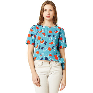                       Women's Multicolored Floral Round Neck Gathered Short Sleeve Belted Tie-Up Top                                              