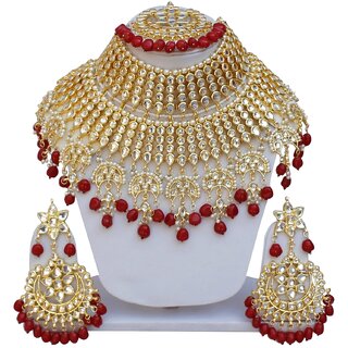 Lucky Jewellery Ethnic Maroon Color Gold Plating Padmavat Jewelry Kundan Necklace Set For Girls  Women