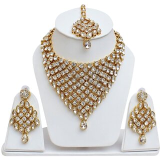 Lucky Jewellery Designer White Color Stone Gold Plating Partywear Necklace Set For Girls & Women