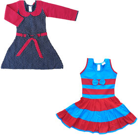 Flora's Self Design Cotton Frocks For Girls (Combi Pack of 2)