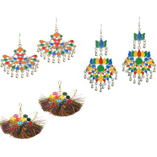 3 Pair of Afghani Earring with Fabric Tassel Combo by Sparkling Jewellery